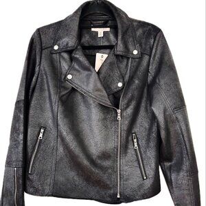 Philosophy Faux Suede Leather Moto Jacket Distressed Black Womens Size M  NWT